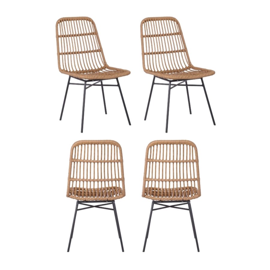 Set of 4 Brown Rattan Dining Chairs with Black Legs - Fion