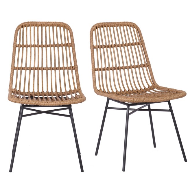 Set of 2 Brown Rattan Dining Chairs with Black Legs - Fion