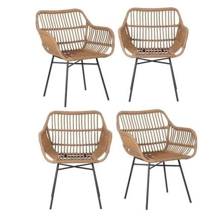 Set of 4 Brown Rattan Effect Dining Armchairs with Black Legs - Fion ...