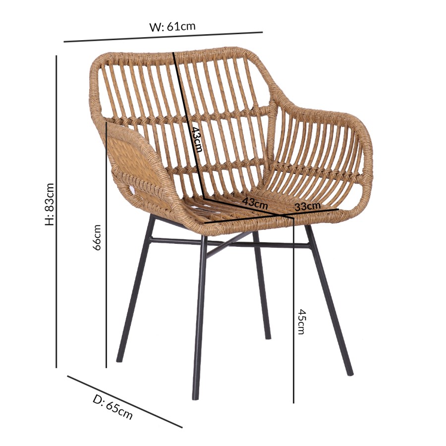 Set of 2 Brown Rattan Effect Dining Armchairs with Black Legs - Fion
