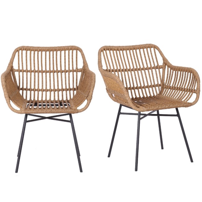 ALMOST PERFECT - Set of 2 Brown Rattan Effect Dining Armchairs with Black Legs - Fion