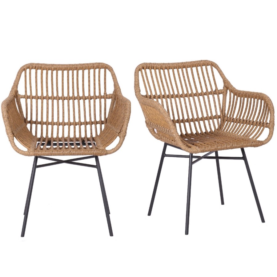 Set of 2 Brown Rattan Effect Dining Armchairs with Black Legs - Fion