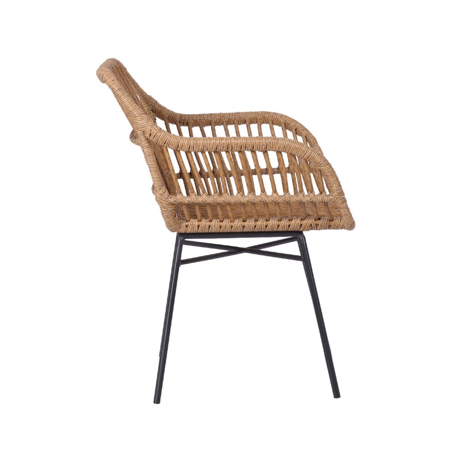 Set of 2 Brown Rattan Effect Dining Armchairs with Black Legs - Fion