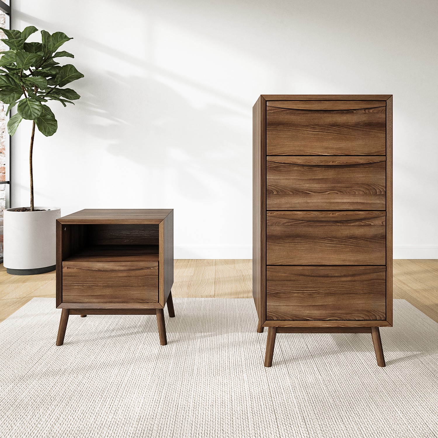 Photo of Walnut bedside table and tall chest of drawers set - frances