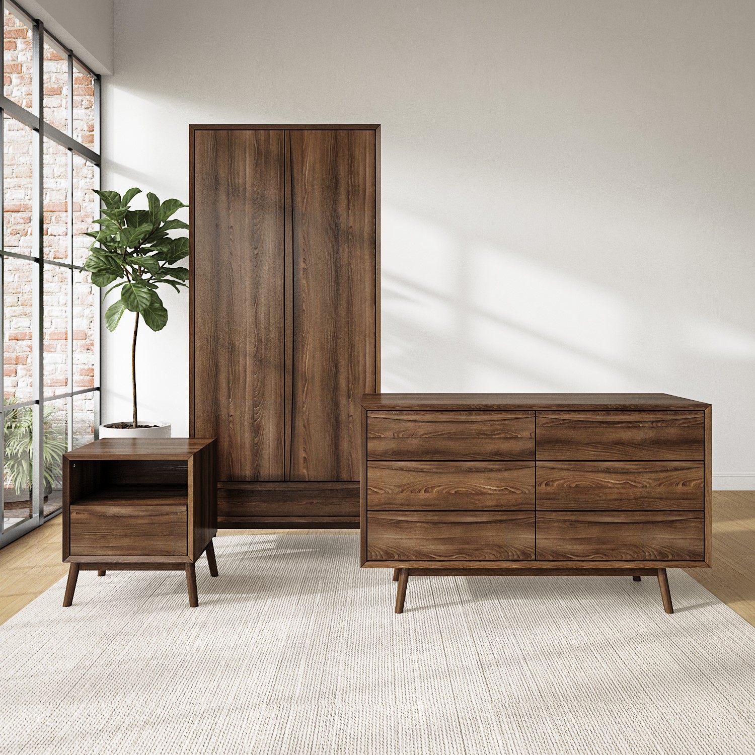 Walnut 3 Piece Bedroom Furniture Set - Frances - Furniture123