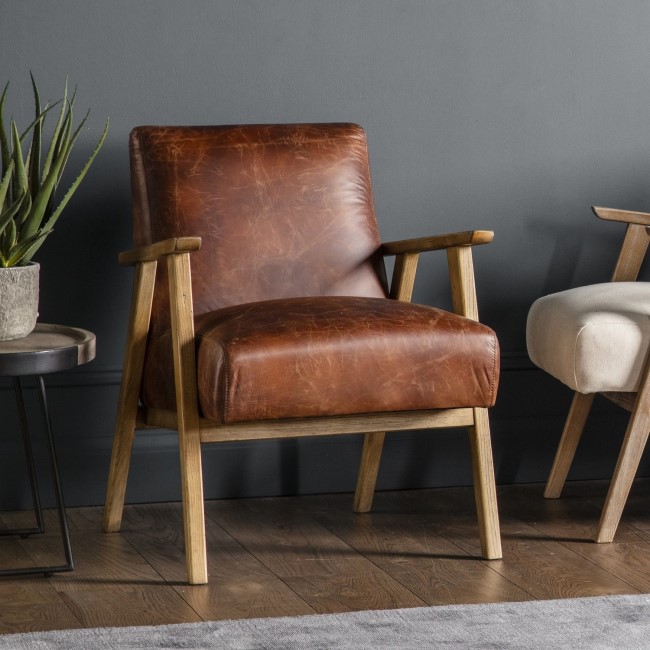 Brown Leather Accent Chair with Wooden Frame - Neyland - Gallery