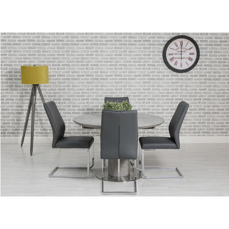 Extendable Concrete Round Dining Table & 4 Grey Faux Leather Chairs