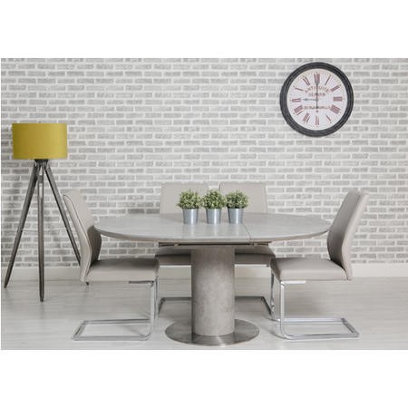 Concrete Effect Extendable Round Dining, Dining Table With Faux Leather Chairs