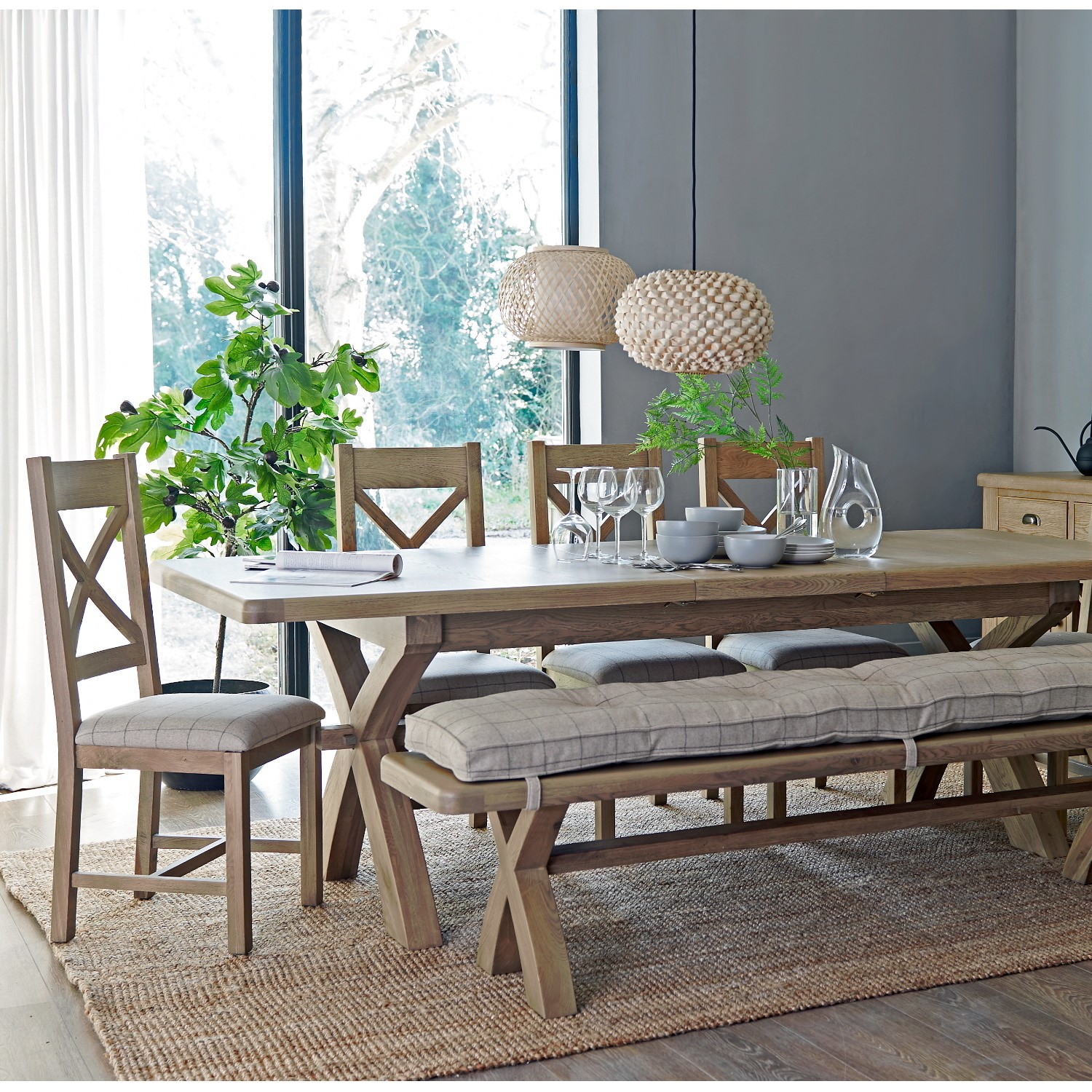 Photo of Oak 8 seater extendable dining table with 4 matching dining chairs & bench - pegasus