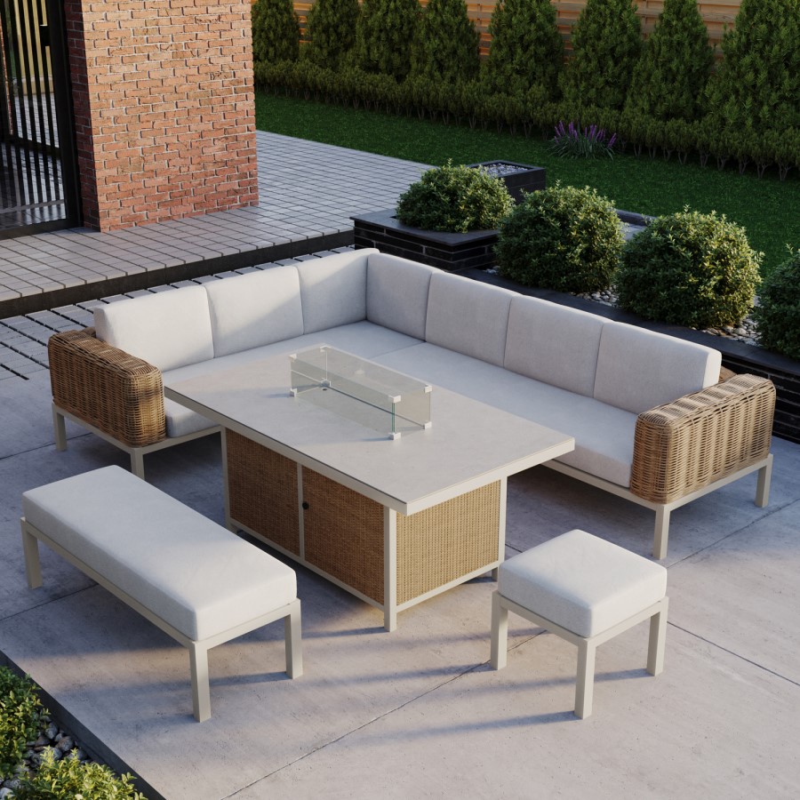 Thick Round Rattan Corner Garden Sofa Set With Fire Pit and Benches