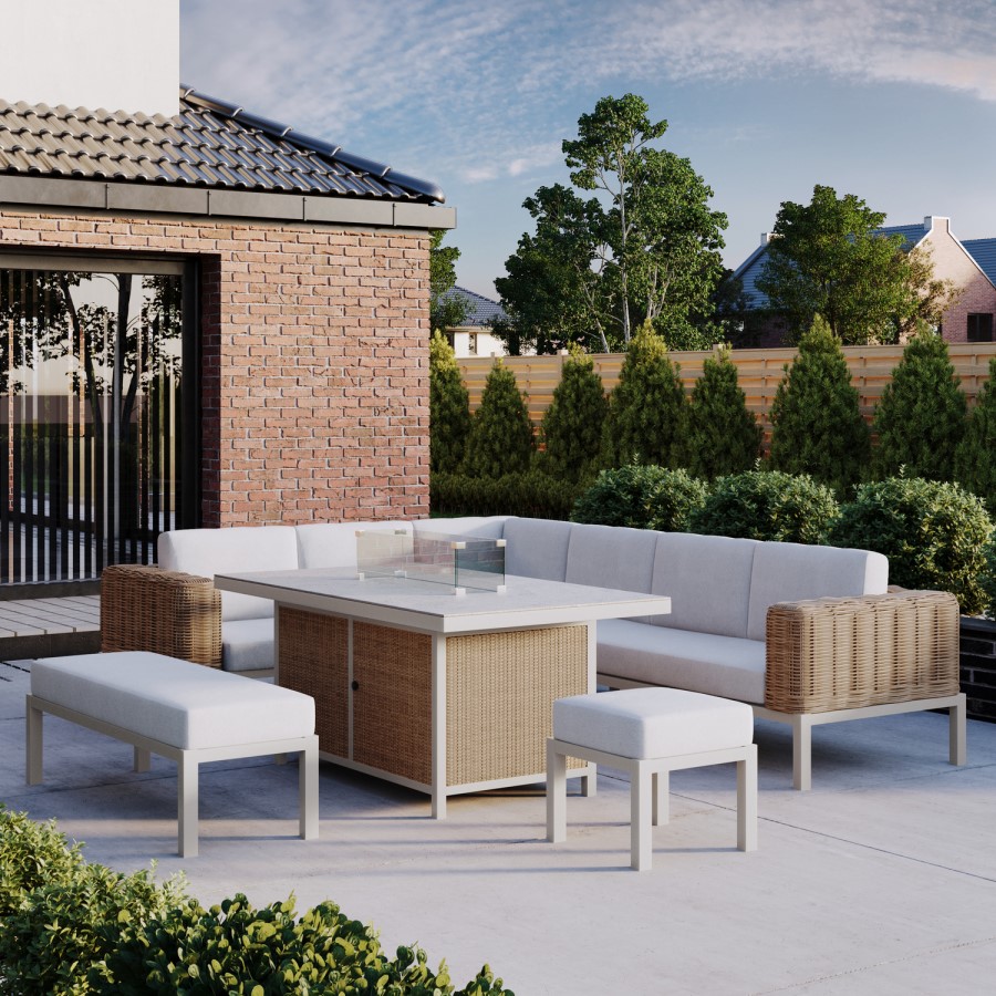 Thick Round Rattan Corner Garden Sofa Set With Fire Pit and Benches