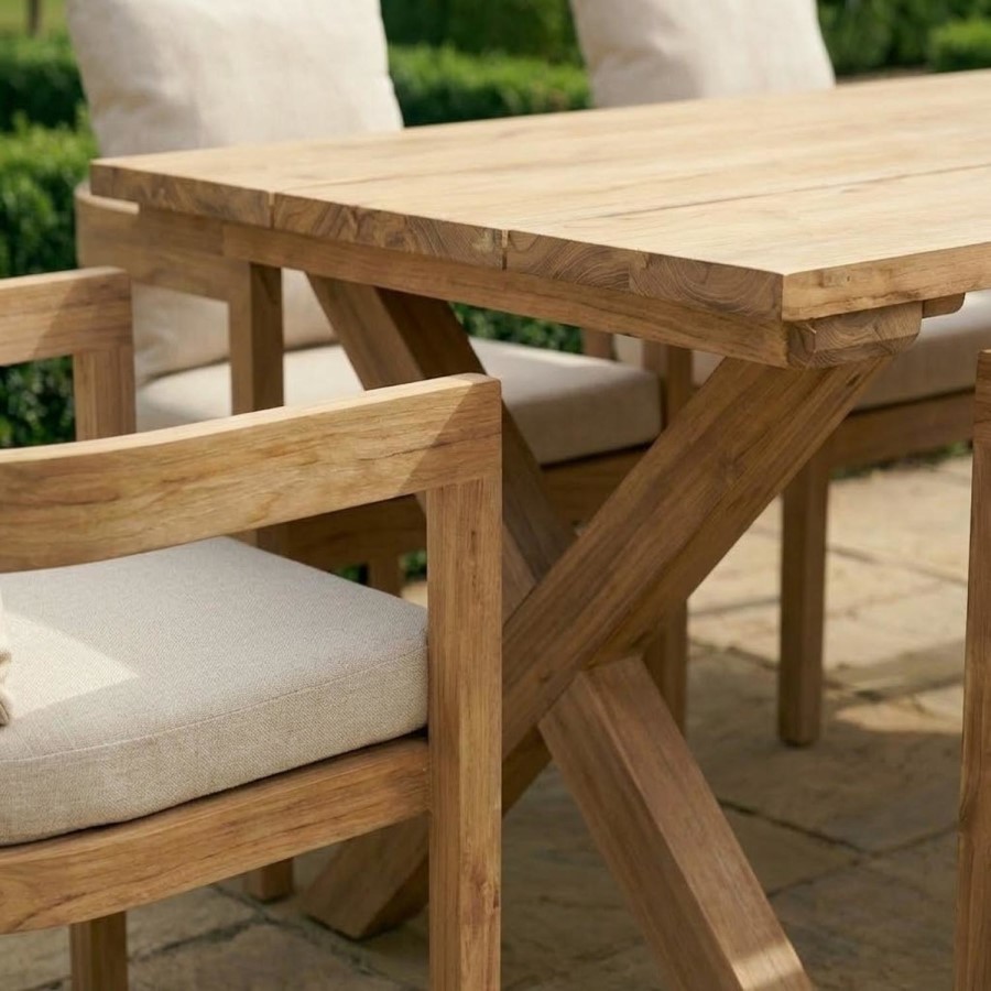 6 Seater Real Teak Garden Dining Set with Beige Chairs