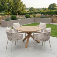 4 Seater Round Outdoor Dining Table in Real Teak with Rope Chairs