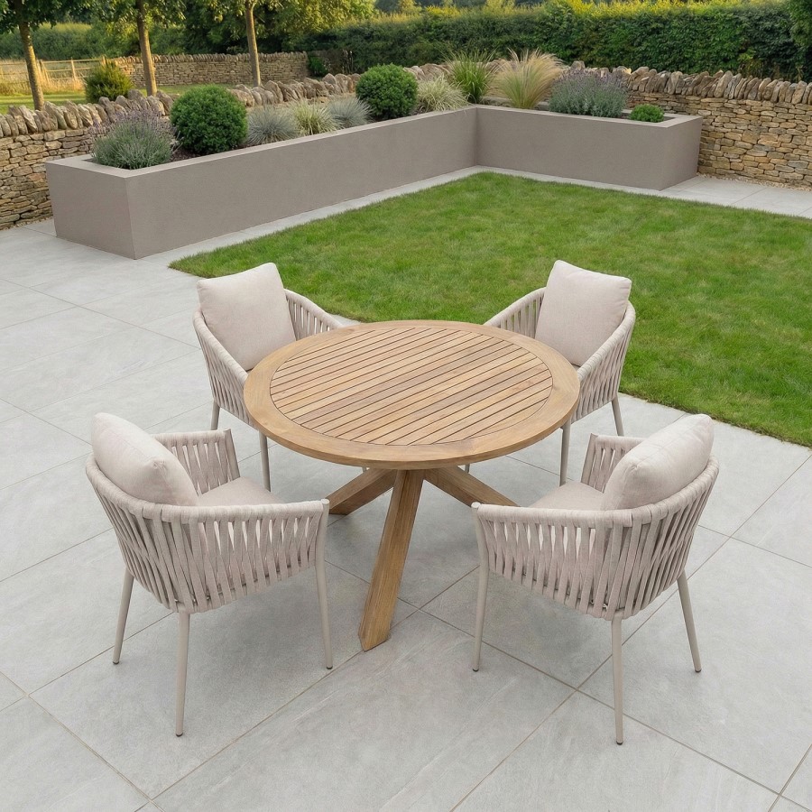 4 Seater Round Outdoor Dining Table in Real Teak with Rope Chairs