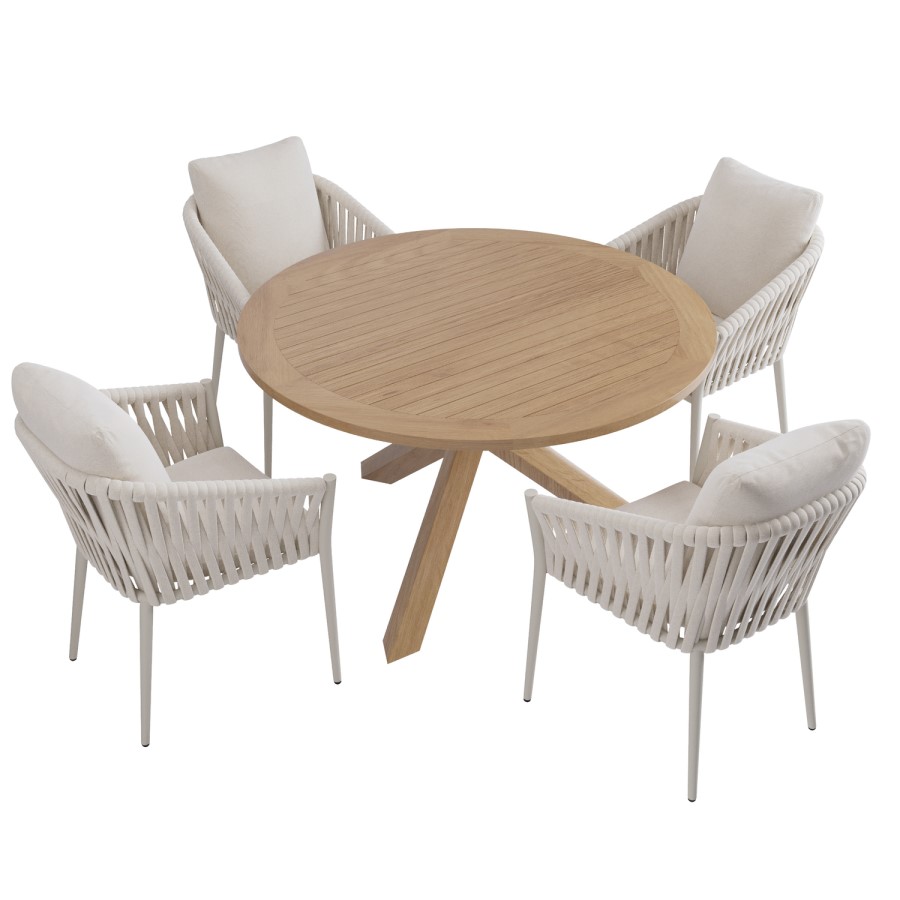 4 Seater Round Outdoor Dining Table in Real Teak with Rope Chairs
