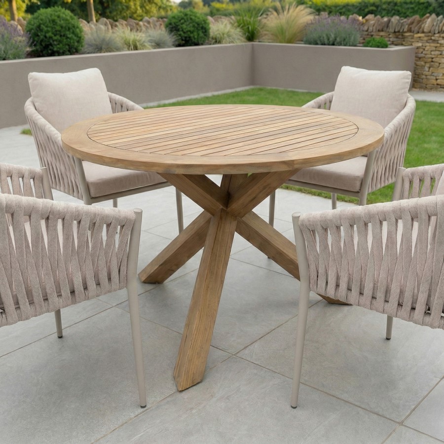 4 Seater Real Teak Round Garden Dining Set with Beige Rope Chairs