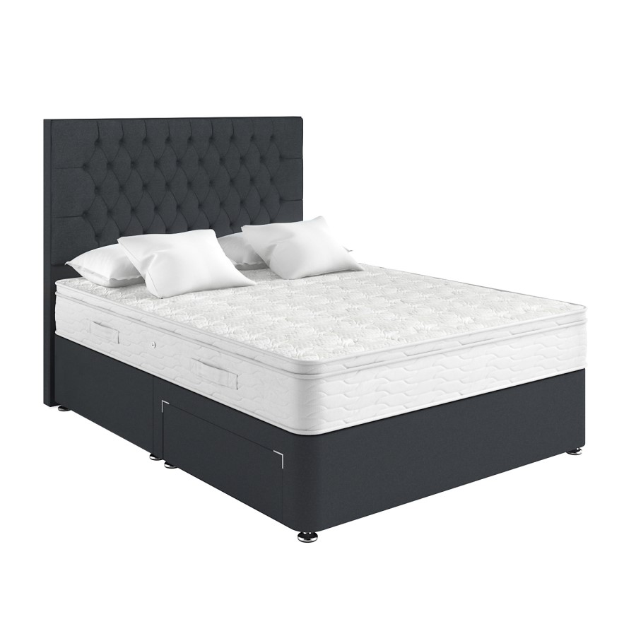 Dark Grey Fabric Small Double Divan Bed with 2 Drawers and Chesterfield Headboard - Langston