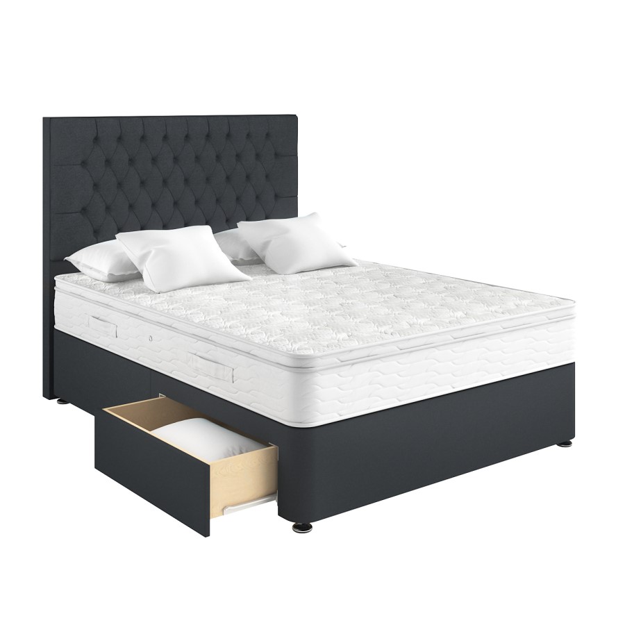 Dark Grey Fabric Double Divan Bed with 2 Drawers and Chesterfield Headboard - Langston
