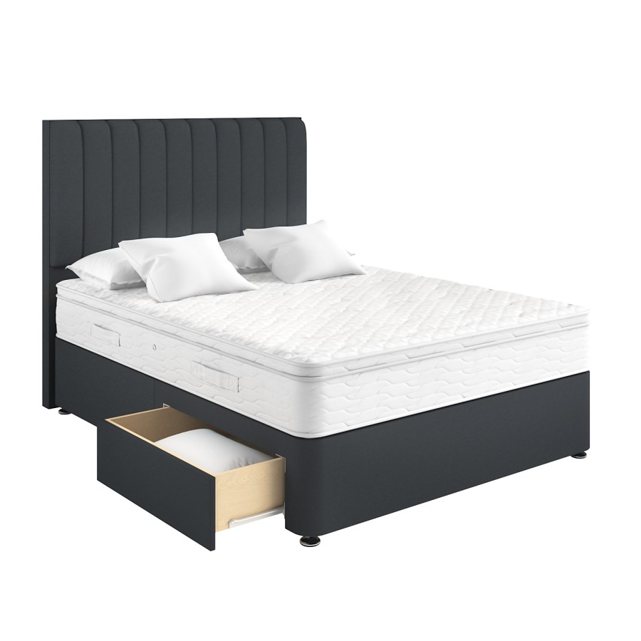 Dark Grey Fabric Double Divan Bed with 2 Drawers and Vertical Stripe Headboard - Langston