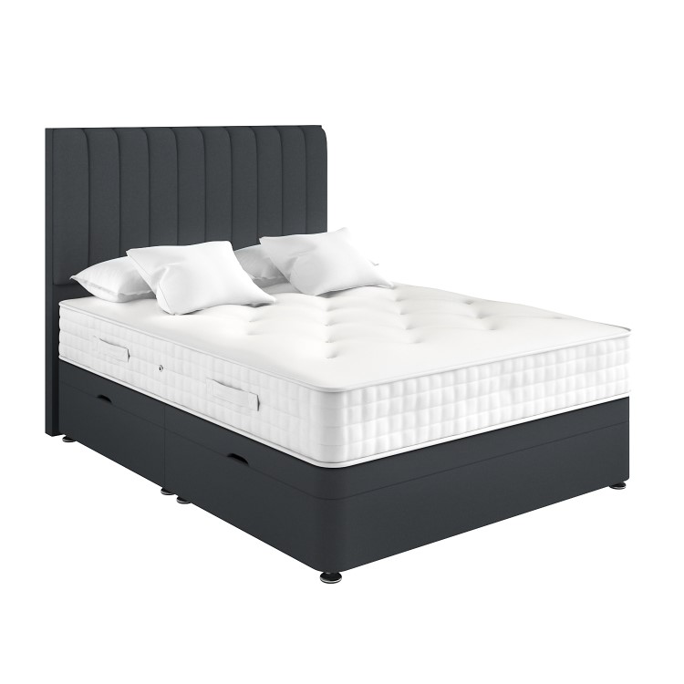 Dark Grey Fabric Double Divan Ottoman Bed with Vertical Stripe Headboard - Langston