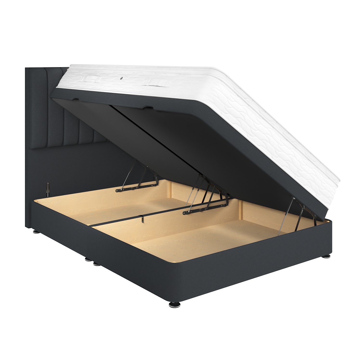 Dark Grey Fabric Super King Divan Ottoman Bed with Vertical Stripe Headboard Langston