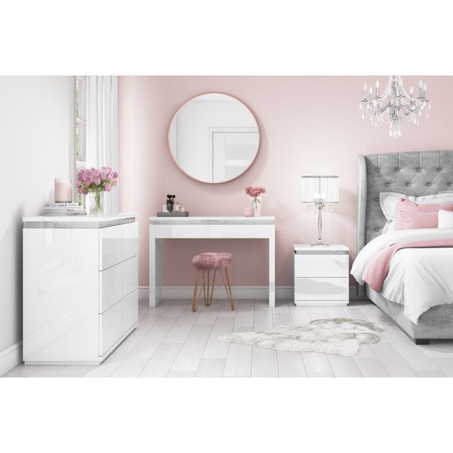 White High Gloss Dressing Table with Drawer and Diamante Trim - Gabriella