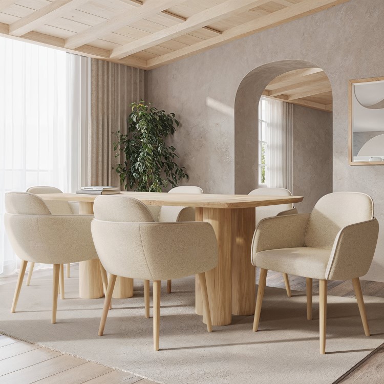 Pillar Oak Dining Table with 6 Carver Piped Beige Dining Chairs - Gianna