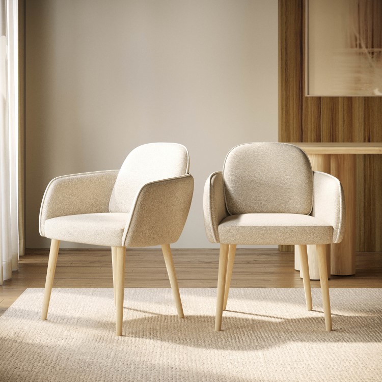 Set of 2 Beige Boucle Carver Dining Chairs with Contrast Piped Detail - Claudia