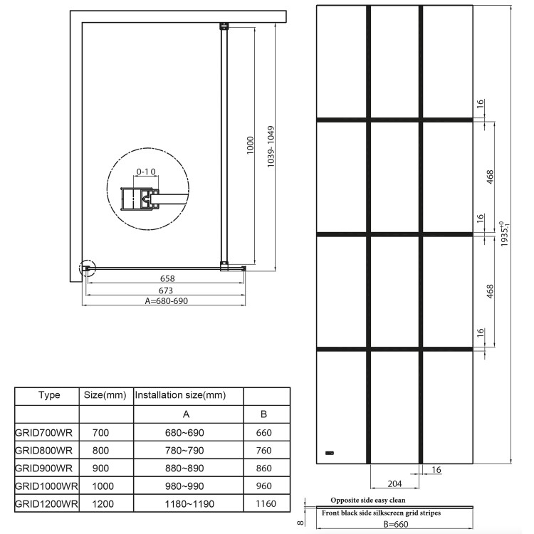 Black 1000mm Grid Wet Room Shower Screen with Wall Support Bar & Hinged Return Panel  - Nova