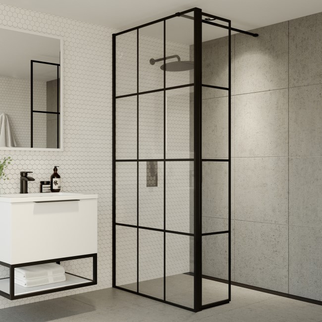 Black 900mm Grid Wet Room Shower Screen with Wall Support Bar & Hinged Return Panel - Nova