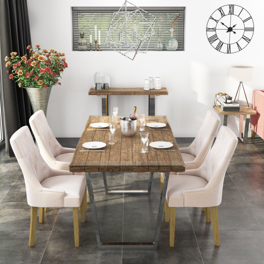 Grayson Industrial Reclaimed Solid Wood Dining Table with 4 Beige Velvet Dining Chairs