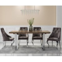 Railway Wood & Glass Top Dining Table Set with 4 Grey Velvet Chairs - Grayson
