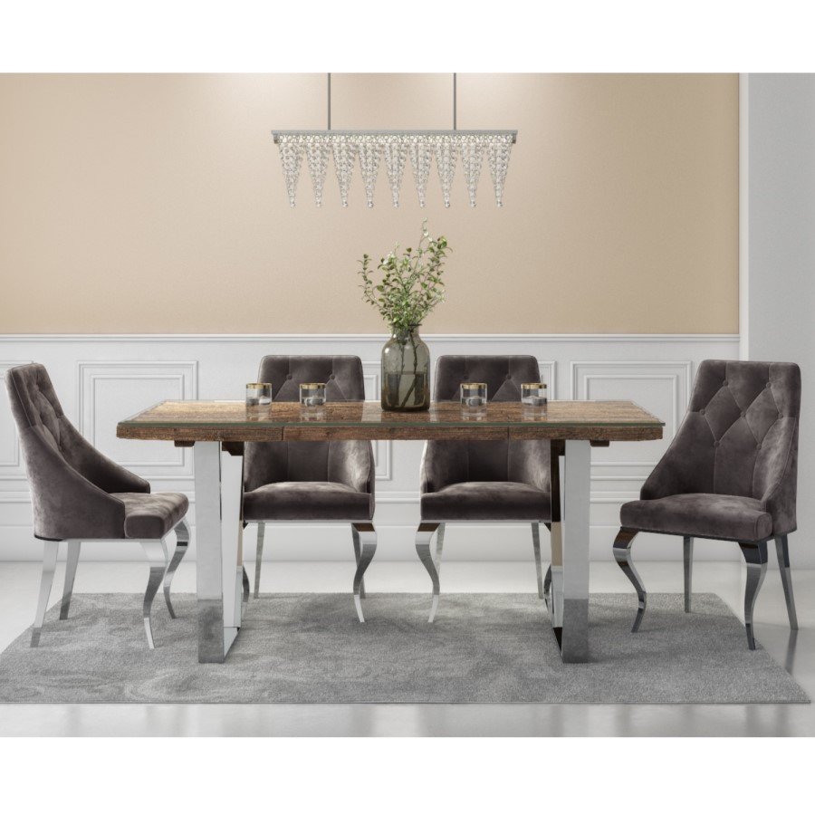 Railway Wood & Glass Top Dining Table Set with 4 Grey Velvet Chairs - Grayson
