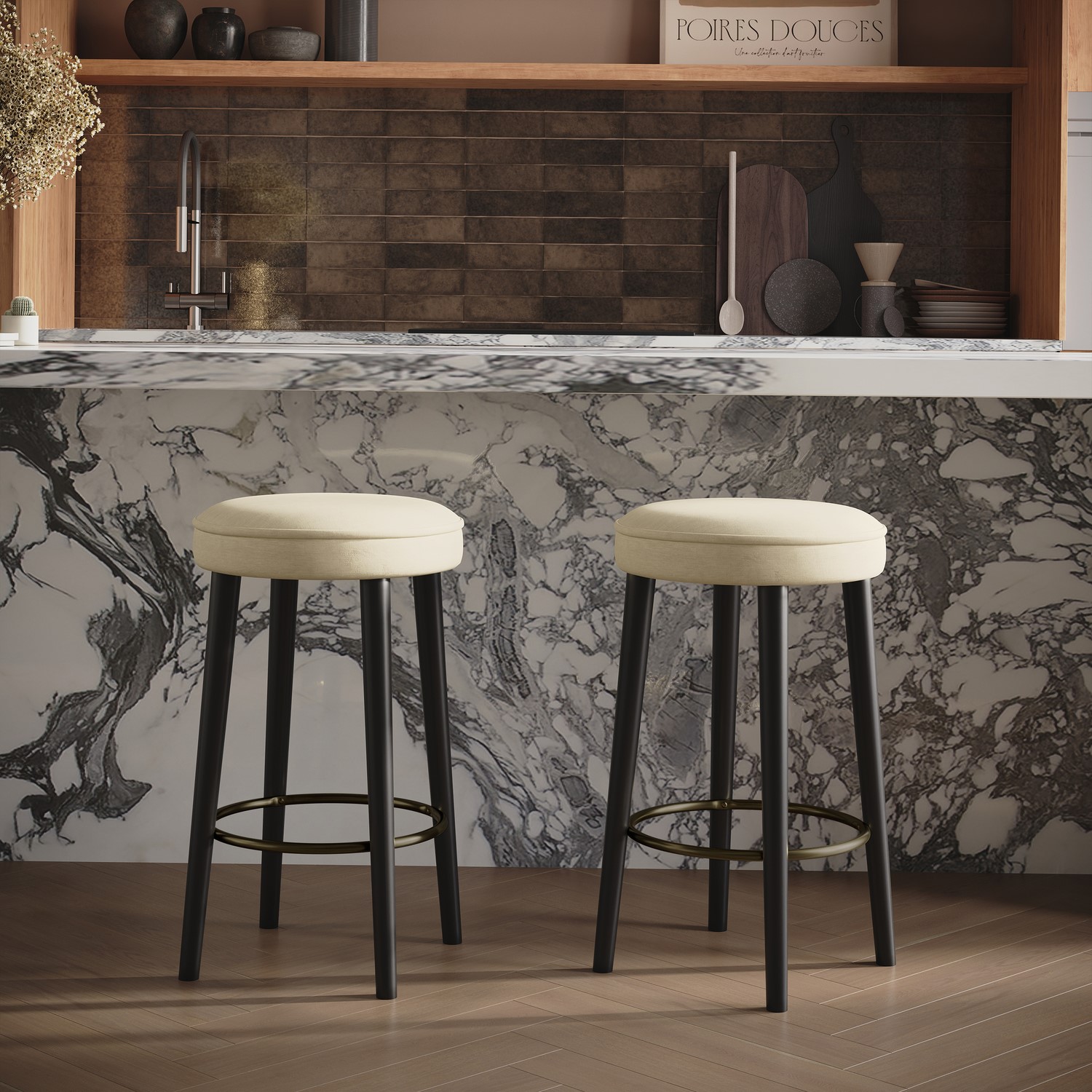 Set 2 Beige Upholstered Kitchen Counter Stools Legs