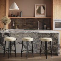 Set of 3 Beige Upholstered Kitchen Counter Stools with Black Legs - Gatsby