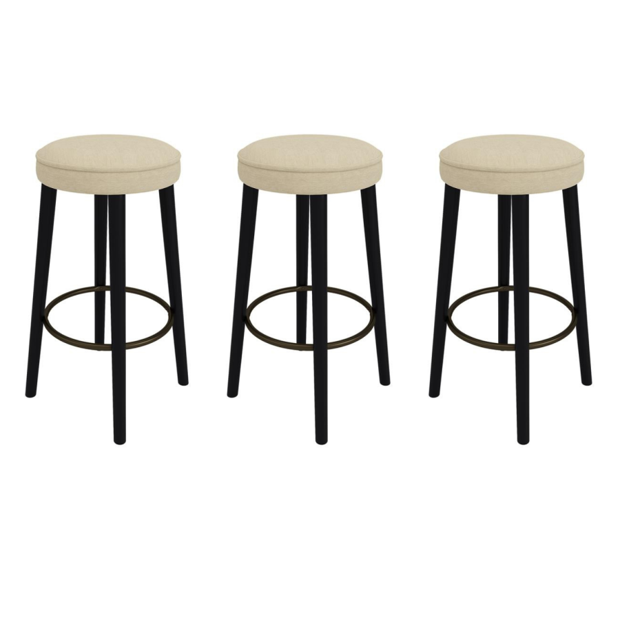 Set of 3 Beige Upholstered Kitchen Counter Stools with Black Legs - Gatsby