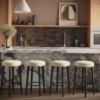 Set of 4 Beige Upholstered Kitchen Counter Stools with Black Legs - Gatsby