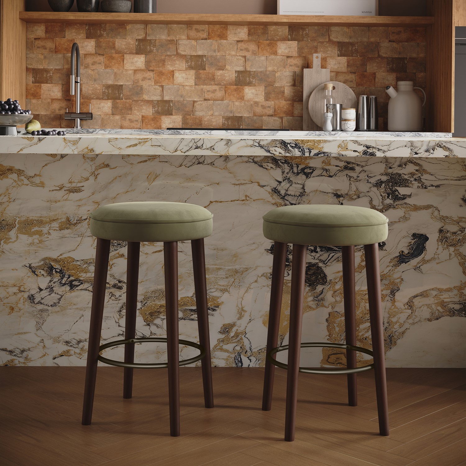 Set 2 Sage Green Velvet Kitchen Counter Stools Walnut Legs