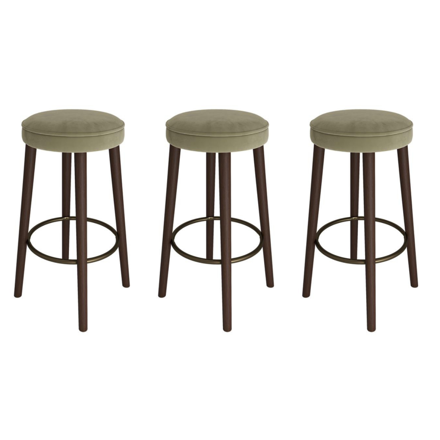 Set of 3 Sage Green Velvet Kitchen Counter Stools with Walnut Legs - Gatsby