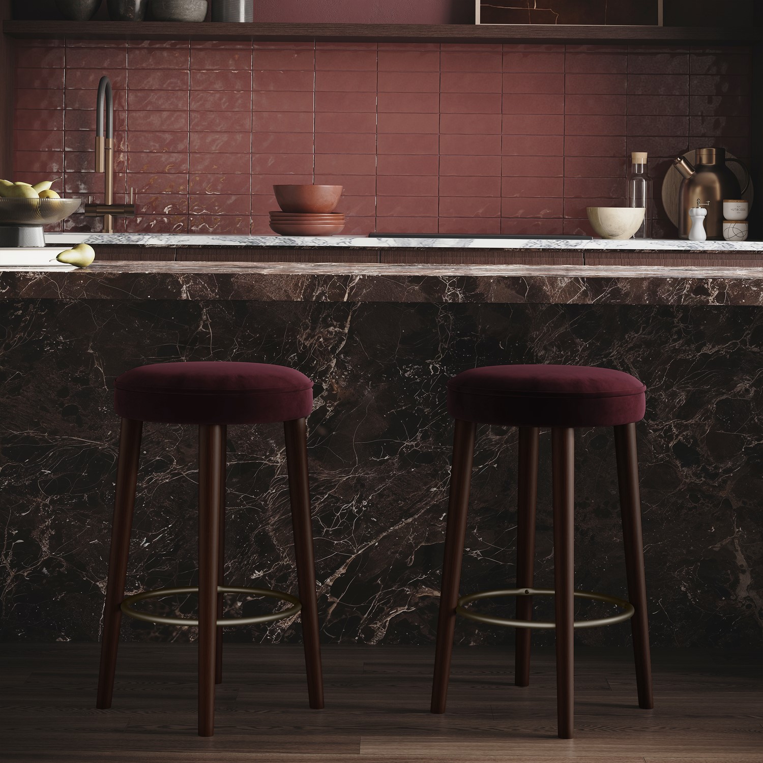 Set 2 Velvet Kitchen Counter Stools Walnut Legs