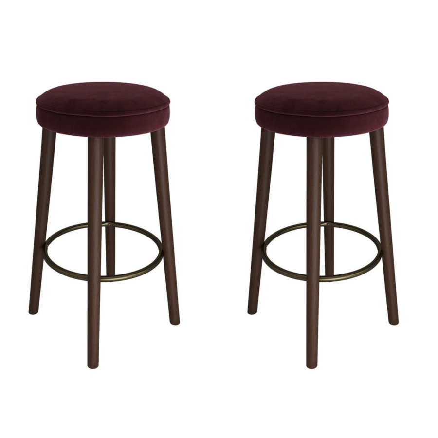 Set of 2 Burgundy Velvet Kitchen Counter Stools with Walnut Legs - Gatsby
