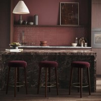 Set of 3 Burgundy Velvet Kitchen Counter Stools with Walnut Legs - Gatsby