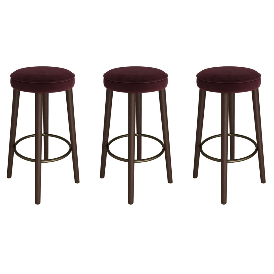 Set of 3 Burgundy Velvet Kitchen Counter Stools with Walnut Legs - Gatsby