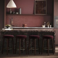 Set of 4 Burgundy Velvet Kitchen Counter Stools with Walnut Legs - Gatsby