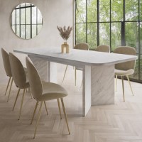 White Marble Effect Extendable Dining Table Set with 6 Mink Velvet Chairs - Seats 6 - Geneva