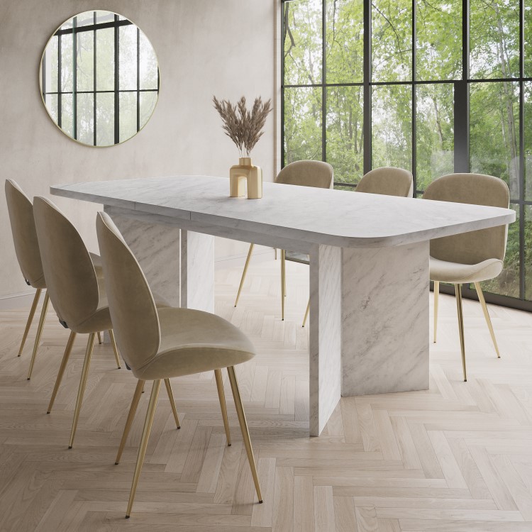 White Marble Effect Extendable Dining Table Set with 6 Mink Velvet Chairs - Seats 6 - Geneva