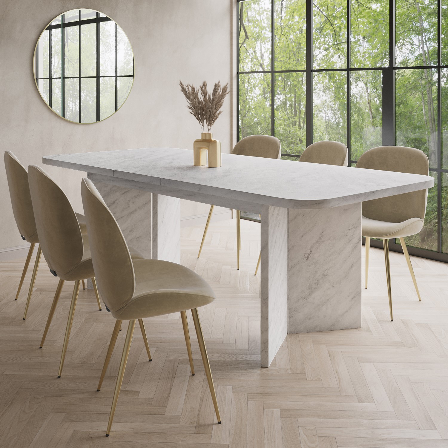 Photo of White marble effect pillar extendable dining table with 6 mink velvet dining chairs - geneva