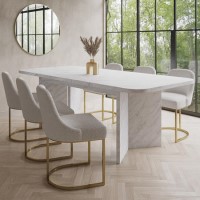 White Marble Effect Pillar Extendable Dining Table with 6 Beige Boucle Dining Chairs - Geneva