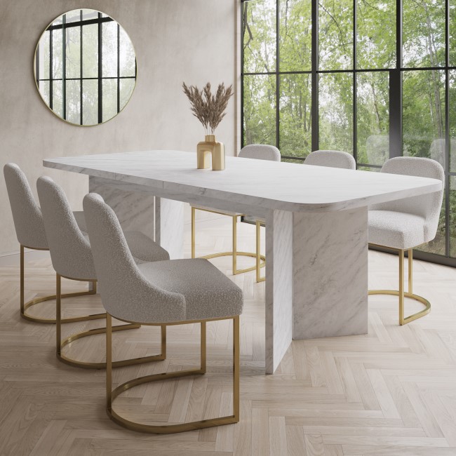 White Marble Effect Pillar Extendable Dining Table Set with 6 Beige Boucle Dining Chairs - Geneva