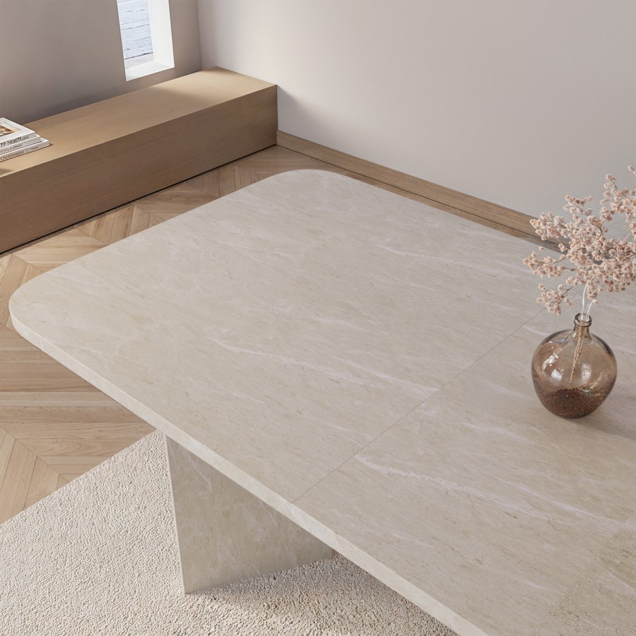 Beige Marble Effect Pillar Extendable Dining Table - Seats 6 - 8 - Geneva